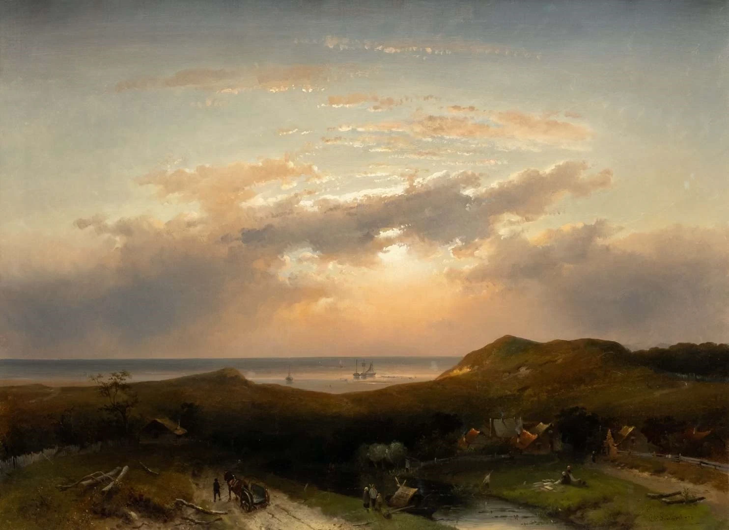 Charles Leickert - Un villaggio di pescatori tra le dune a picco sul mare, 1856